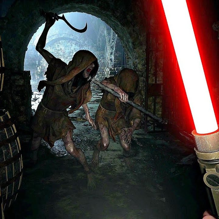 Resident Evil Village lightsaber and enemies.