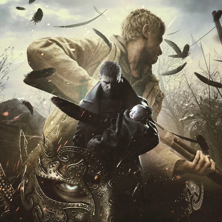 Resident Evil Village poster with Chris, Ethan, and Rose.