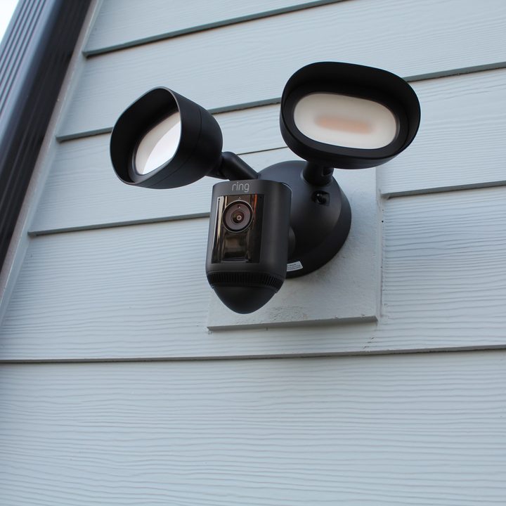 Ring outdoor security camera keeps guard.