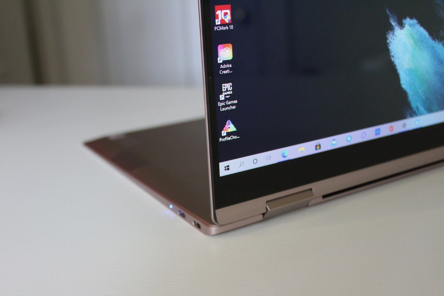 Samsung Galaxy Book Pro 360 media mode view showing ports and hinge.