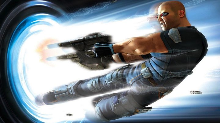 A man jumping and shooting in action in TimeSplitters.