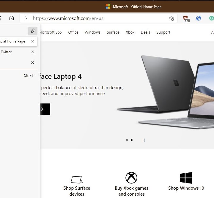 Arranging tabs vertically in Microsoft Edge.