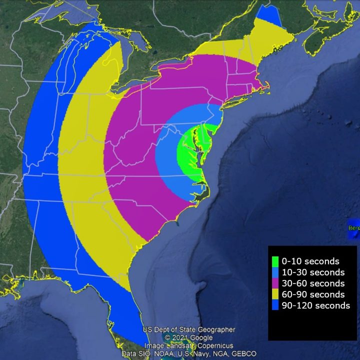 This map shows when the rocket may be visible after launch from NASA’s Wallops Flight Facility. Two vapor clouds will form north of Bermuda about 9 minutes and 30 seconds after launch as part of the mission and may also be visible from eastern United States and Bermuda.