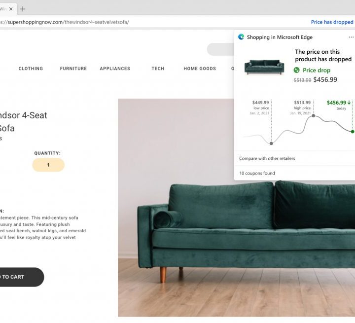 A price history chart as part of the new Edge shopping experience.
