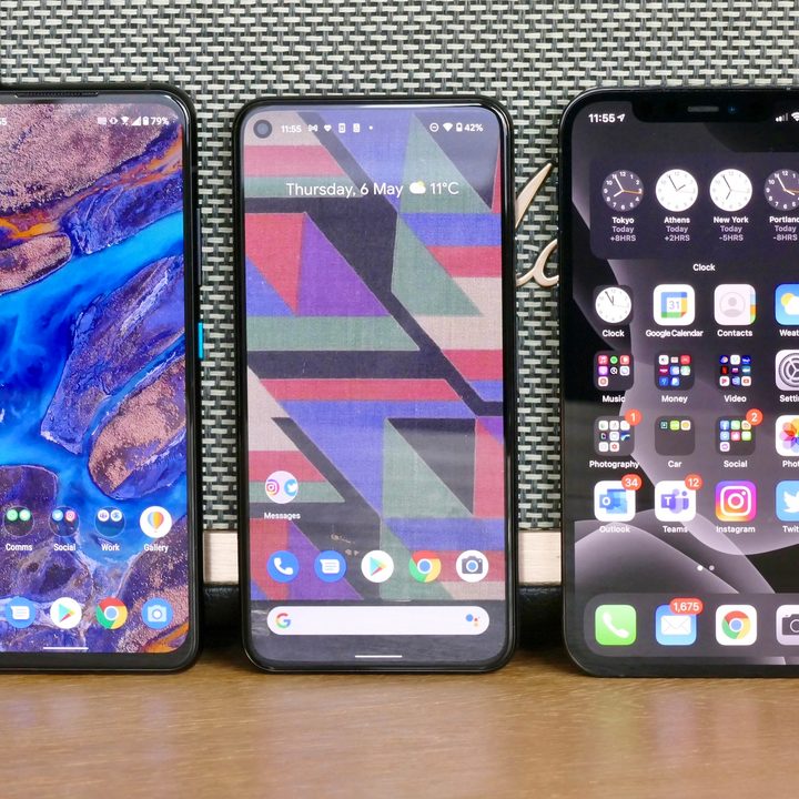 Asus Zenfone 8 (left), Google Pixel 5 (center), Apple iPhone 12 Pro (right).