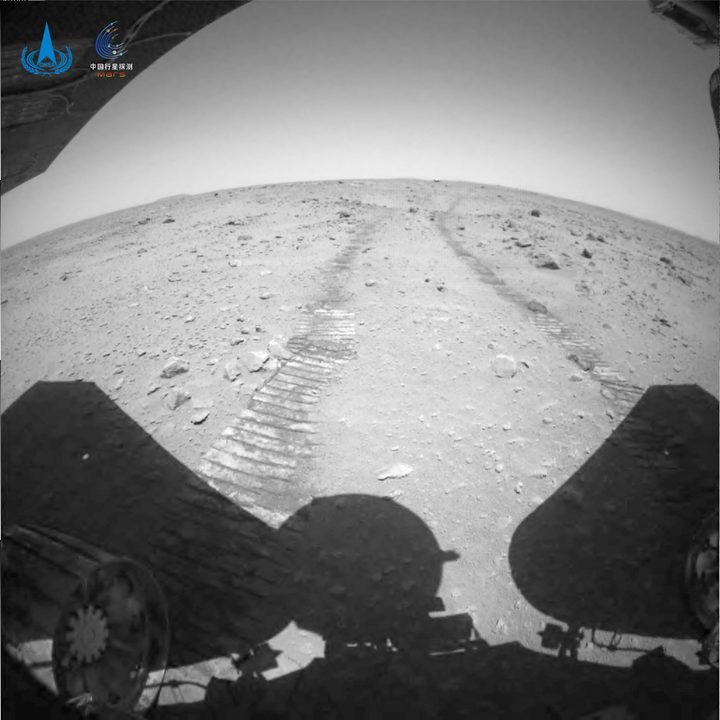 Tracks in the Martian regolith captured by China's Zhurong rover.