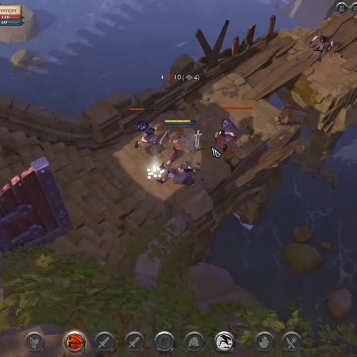 Characters fighting on a broken bridge in Albion Online.