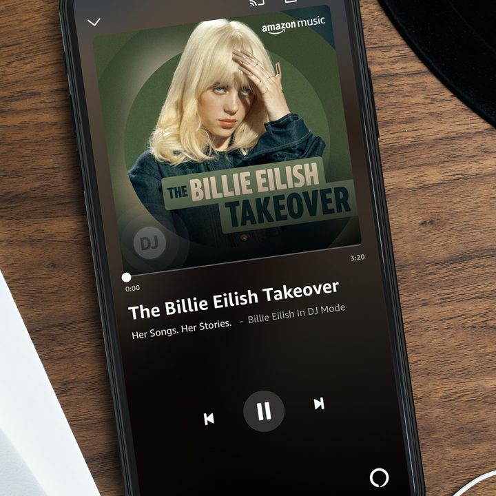 smartphone showing amazon music Billie Eilish takeover station