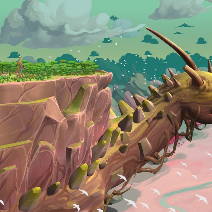 A giant creature with a city on its back in The Wandering Village.