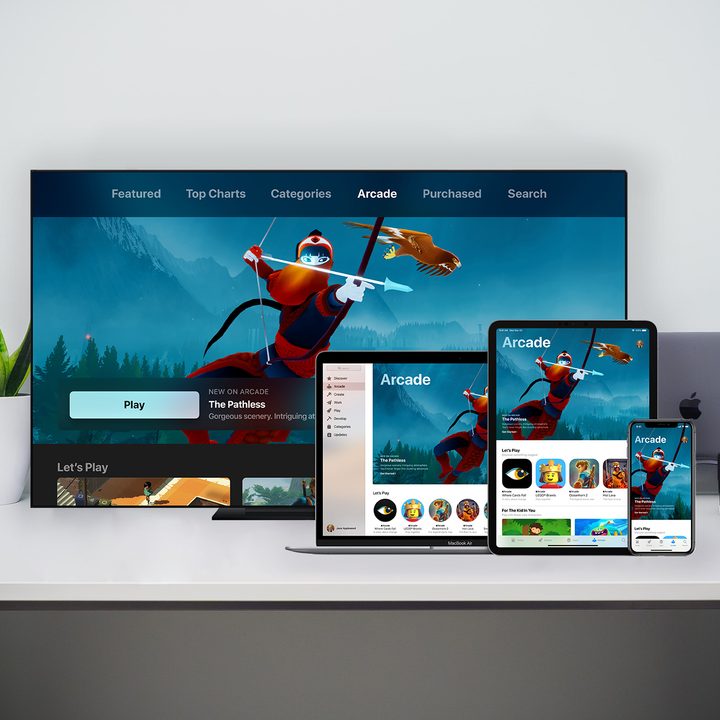 A lifestyle image showing the multiple platforms Apple Arcade is available for.