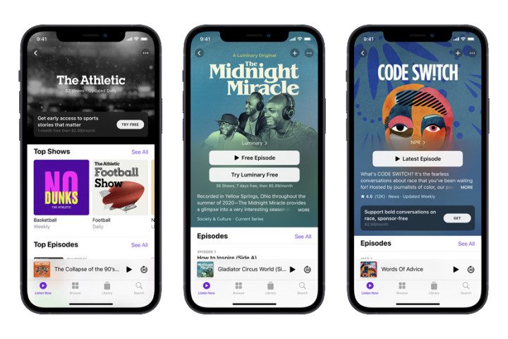 Three phone screens showing different Apple Podcasts for the Apple Podcasts Subscription service.