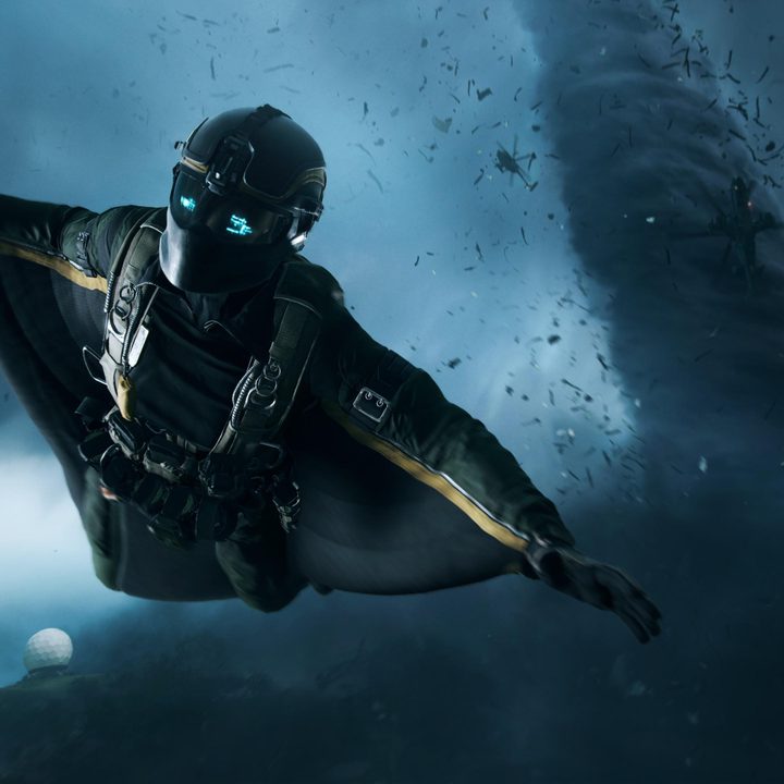 Player flying with a wing suit in Battlefield 2042.
