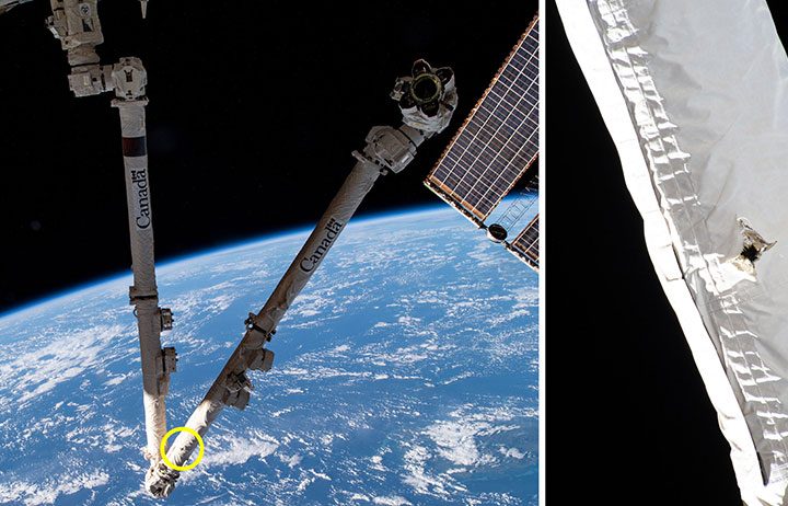 Space debris damage to the space station's Canadarm2 robotic arm.