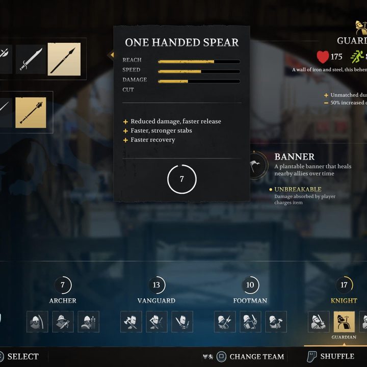Stats for the One-Handed Spear in Chivalry 2.
