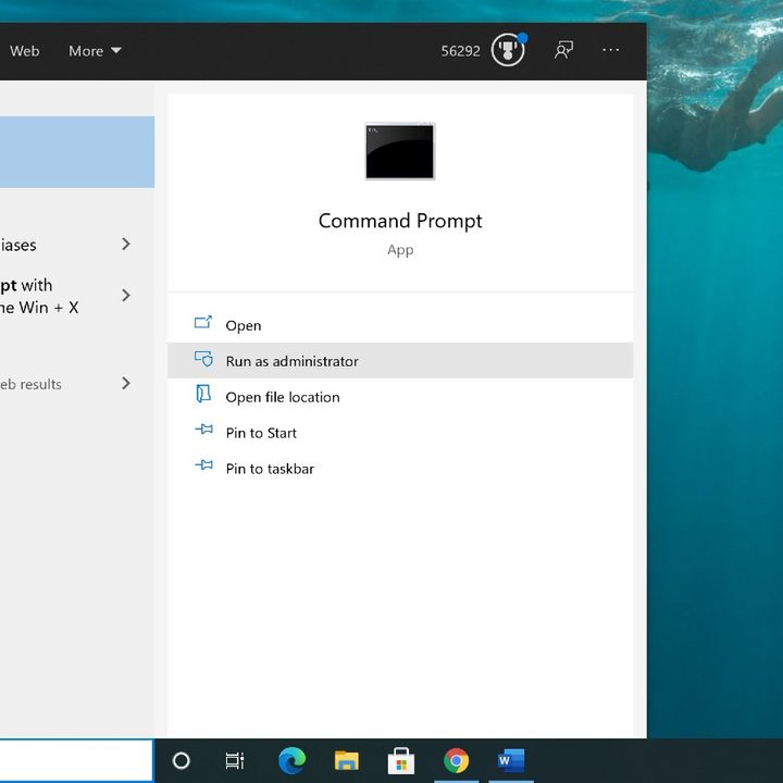 Searching for Command Prompt on Windows 10.