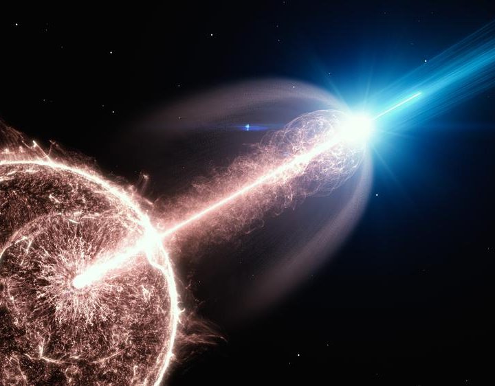 Artist's impression of a relativistic jet of a gamma-ray burst (GRB), breaking out of a collapsing star, and emitting very-high-energy photons