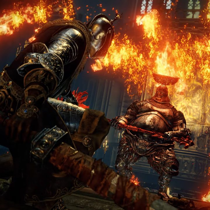 Elden Ring's hero goes toe to toe with a fiery enemy.