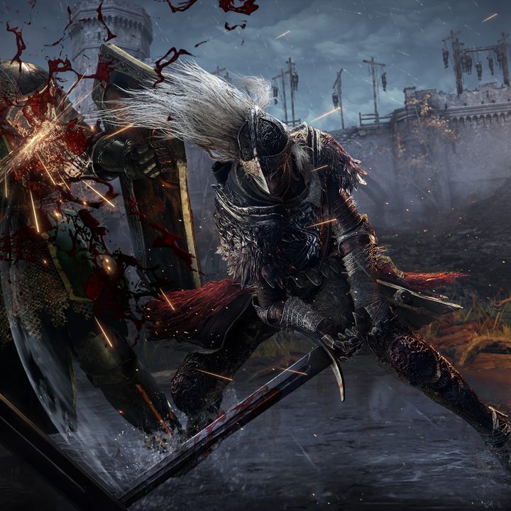 A giant battle in Elden Ring.