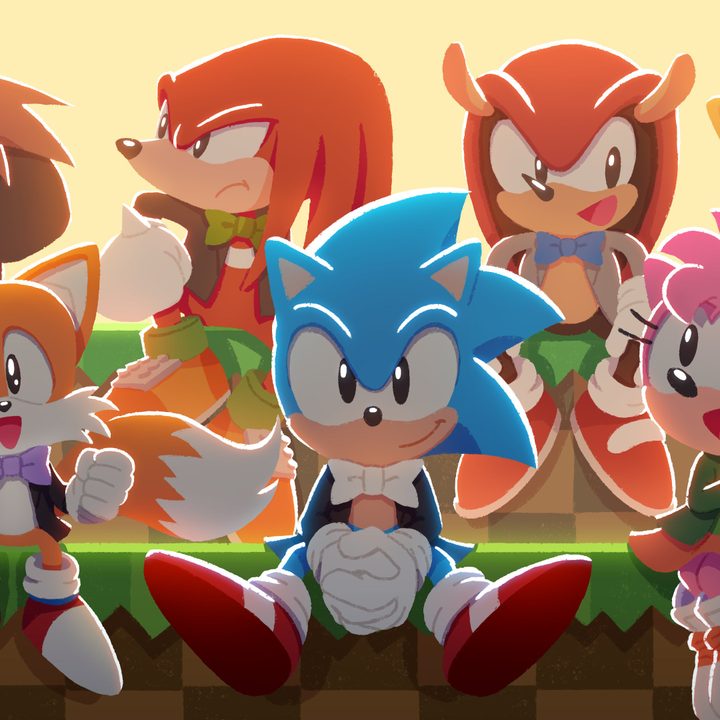 Sonic and his friends in tuxedos to promote the franchise's 30th anniversary concert.