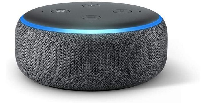 Amazon echo dot on white background.