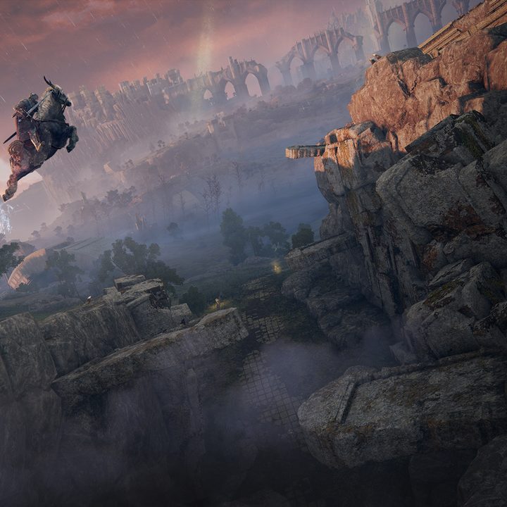 Torrent jumps across a massive gap in Elden Ring.