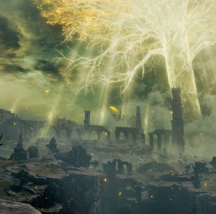 A giant glowing tree on the horizon.
