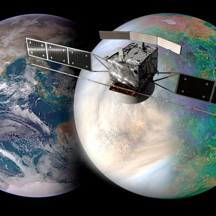 The image shows Earth (left) and Venus (right), and how similar they are in size. How did these sister planets evolve to end up so different? The EnVision mission (spacecraft render in image) aims to answer some of these key questions, and the NASA-provided EnVision Venus Synthetic Aperture Radar (VenSAR) will play a center role. The VenSAR will be built and operated by JPL.