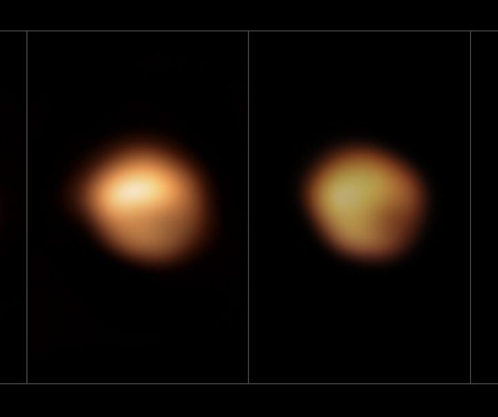 These images, taken with the SPHERE instrument on ESO’s Very Large Telescope, show the surface of the red supergiant star Betelgeuse during its unprecedented dimming, which happened in late 2019 and early 2020. The image on the far left, taken in January 2019, shows the star at its normal brightness, while the remaining images, from December 2019, January 2020 and March 2020, were all taken when the star’s brightness had noticeably dropped, especially in its southern region. The brightness returned to normal in April 2020.