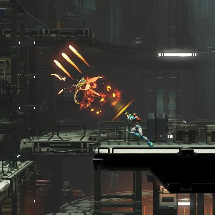 Samus shoots an enemy in Metroid Dread.