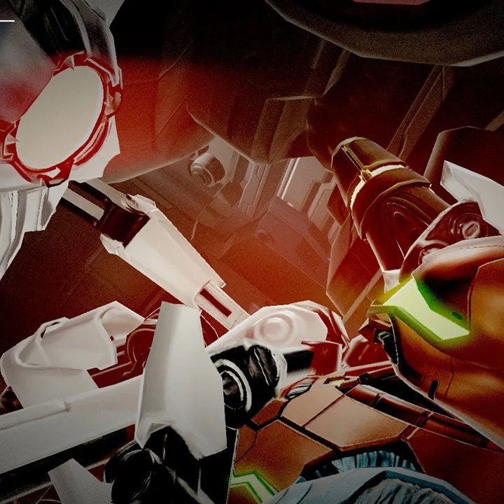 An E.M.M.I. attacks Samus in Metroid Dread.