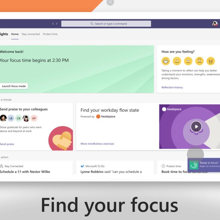 A dashboard showing Focus Mode and Headspace integration in Viva Insights in Microsoft Teams.