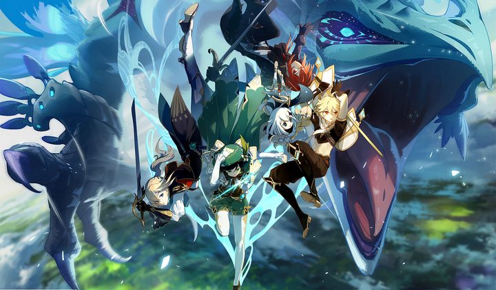 Genshin Impact characters in front of a dragon.