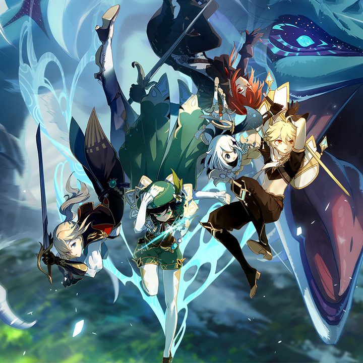 Genshin Impact characters in front of a dragon.