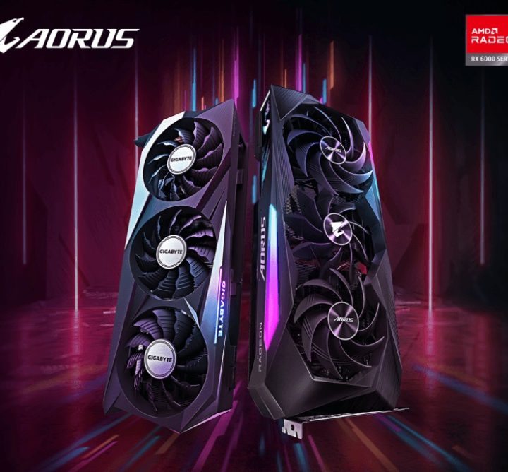 Promotional image of two Gigabyte Aorus Radeon RX 6000-series graphics cards.
