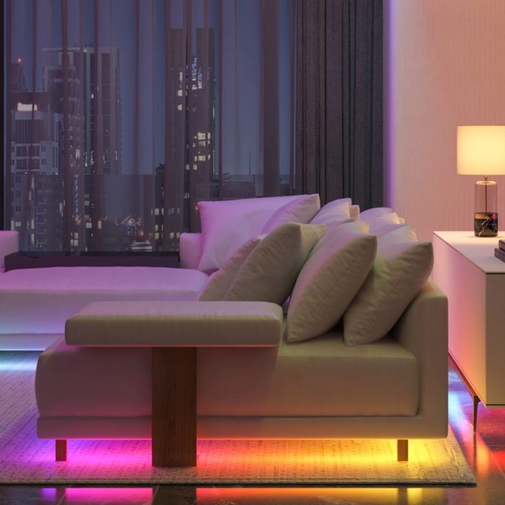 Govee smart LED light strips on floor.