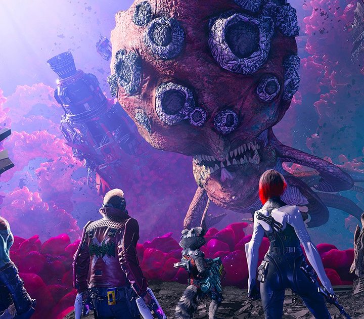 The Guardians of the Galaxy stare at a giant spore.