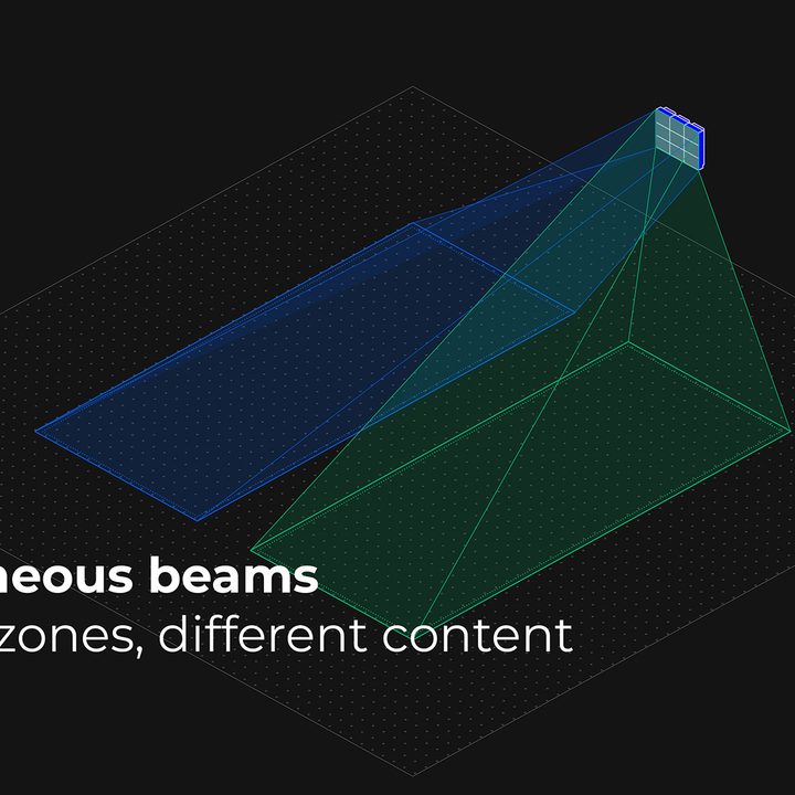 Diagram of how Holoplot's sound zones work, showing two zones formed from the same speakers.