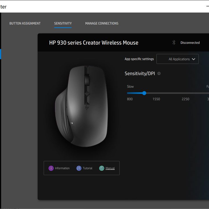 HP Accessory Center app sets mouse resolution.
