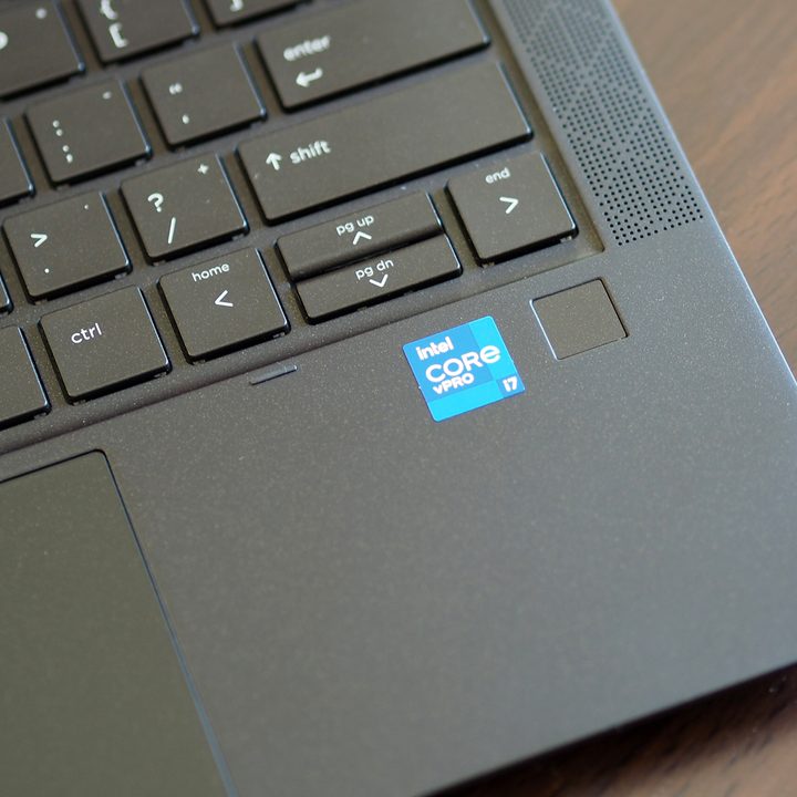 The touchpad, keyboard, and fingerprint reader on the HP Elite Dragonfly Max.