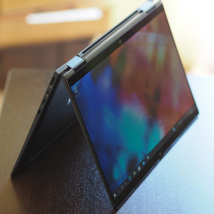 The HP Elite Dragonfly folded up as a 2-in-1 in test mode.