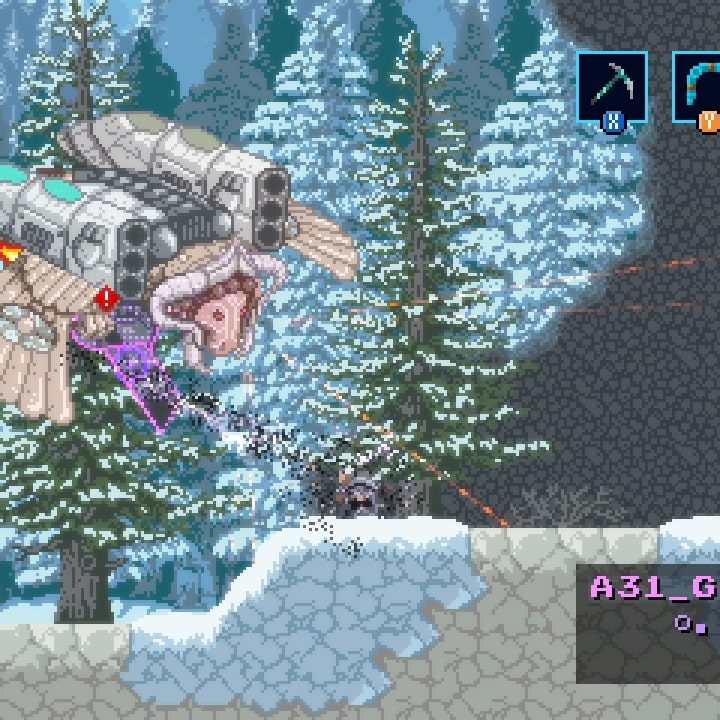 A boss fight featurign a giant robot in Axiom Verge 2.