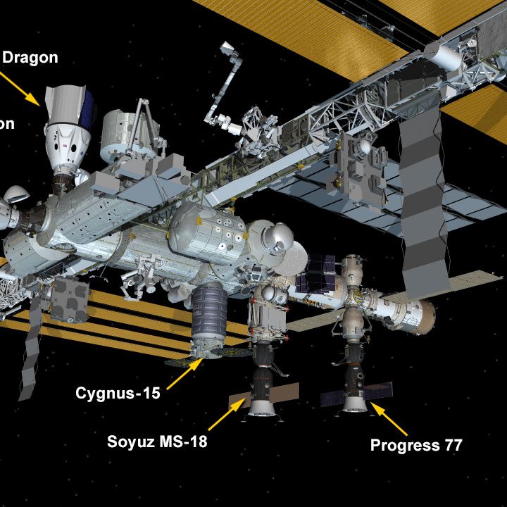 June 5, 2021: International Space Station Configuration. Five spaceships are attached to the space station including the SpaceX Crew Dragon and Cargo Dragon spaceships, the Northrop Grumman Cygnus cargo craft, and Russia's Soyuz MS-18 crew ship and ISS Progress 77 resupply ship.