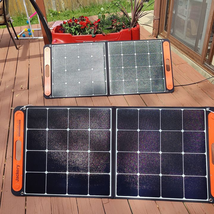 Two large solar cells recharge the battery pack in under one day in bright sunlight.