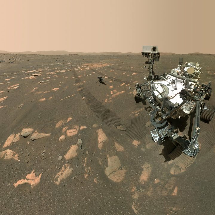 NASA’s Perseverance Mars rover took a selfie with the Ingenuity helicopter, seen here about 13 feet (3.9 meters) from the rover. This image was taken by the WASTON camera on the rover’s robotic arm on April 6, 2021, the 46th Martian day, or sol, of the mission.