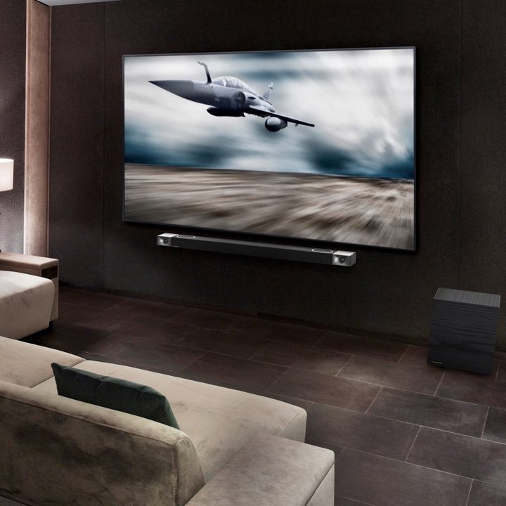 Klipsch Cinema 1200 Dolby Atmos Sound Bar in a home theater room.