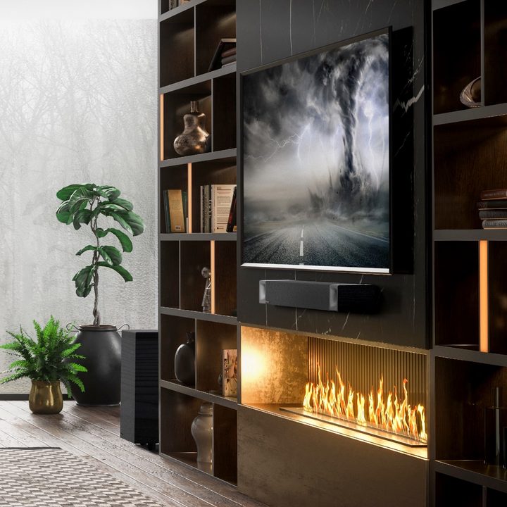 Klipsch Cinema 800 Dolby Atmos Sound Bar in a viewing room.
