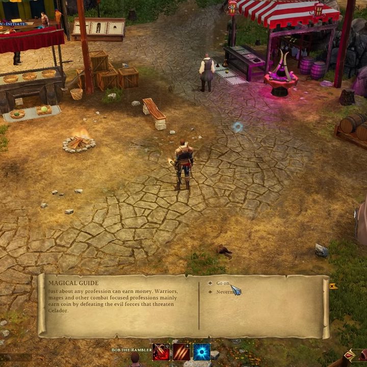 Character reading a magical guide in a town in Aria Online.