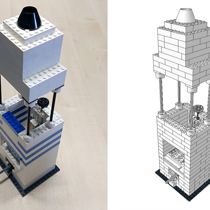 Side by side images of a Lego microscope. On the left, the completed structure. On the right, a 2D model.