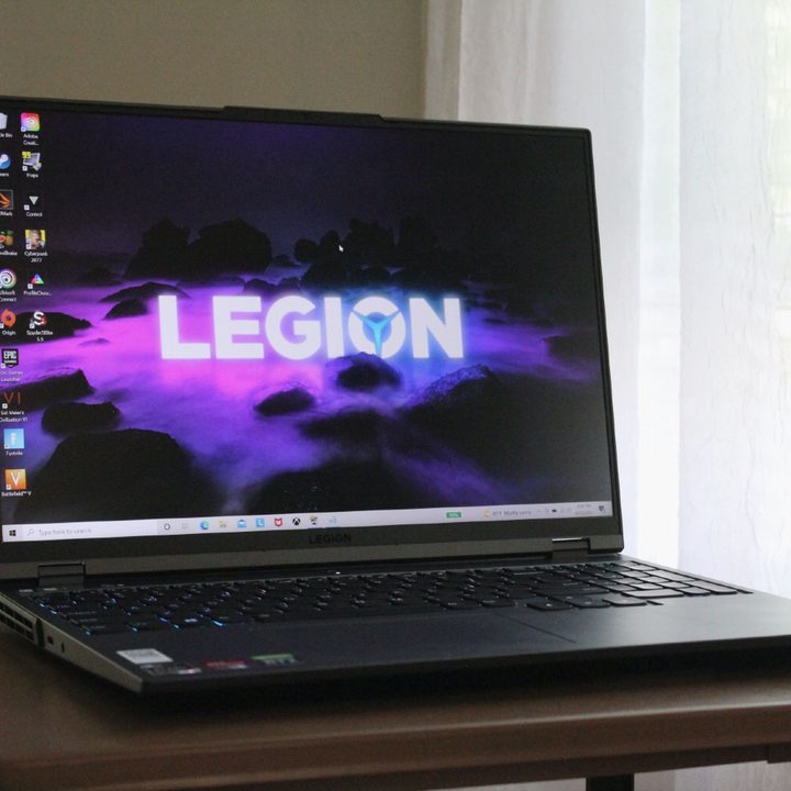 The front of the Lenovo Legion 5 Pro with the lid open.