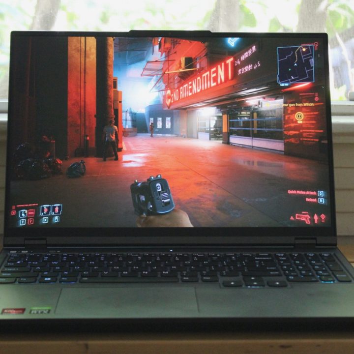 The Lenovo Legion 5 Pro with Cyberpunk 2077 being played.